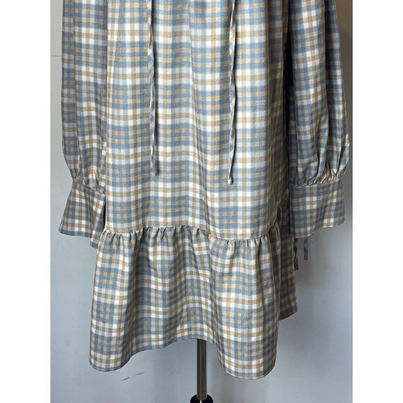 Glamorous Asos Blue Tan And Ivory Plaid‎ Ruffled Tie Neck Mini Dress Size S - Picture 6 of 11
